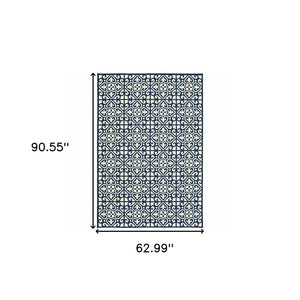 5' X 8' Ivory and Blue Geometric Stain Resistant Indoor Outdoor Area Rug