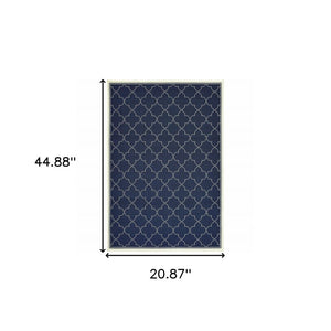 2' X 4' Blue and Ivory Geometric Stain Resistant Indoor Outdoor Area Rug