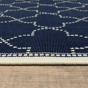 2' X 8' Blue and Ivory Geometric Stain Resistant Indoor Outdoor Area Rug