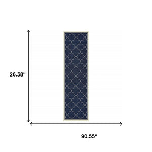 2' X 8' Blue and Ivory Geometric Stain Resistant Indoor Outdoor Area Rug