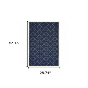 2' X 4' Blue and Ivory Geometric Stain Resistant Indoor Outdoor Area Rug