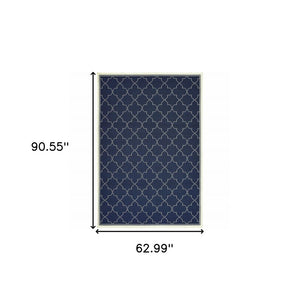 5' X 8' Blue and Ivory Geometric Stain Resistant Indoor Outdoor Area Rug