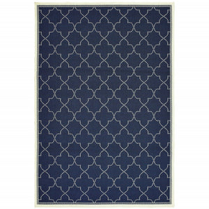 7' X 10' Blue and Ivory Geometric Stain Resistant Indoor Outdoor Area Rug