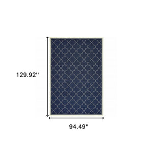 8' X 11' Blue and Ivory Geometric Stain Resistant Indoor Outdoor Area Rug