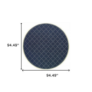 8' X 8' Blue and Ivory Round Geometric Stain Resistant Indoor Outdoor Area Rug