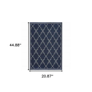 2' X 4' Blue and Ivory Geometric Stain Resistant Indoor Outdoor Area Rug