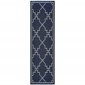 2' X 8' Blue and Ivory Geometric Stain Resistant Indoor Outdoor Area Rug