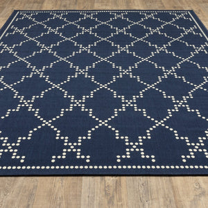 2' X 4' Blue and Ivory Geometric Stain Resistant Indoor Outdoor Area Rug