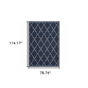 7' X 10' Blue and Ivory Geometric Stain Resistant Indoor Outdoor Area Rug