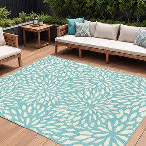 8' X 11' Blue and Ivory Floral Stain Resistant Indoor Outdoor Area Rug