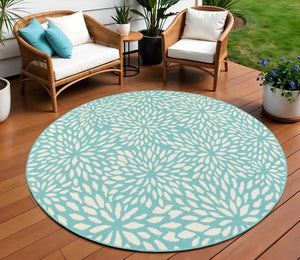 8' X 8' Blue and Ivory Round Floral Stain Resistant Indoor Outdoor Area Rug