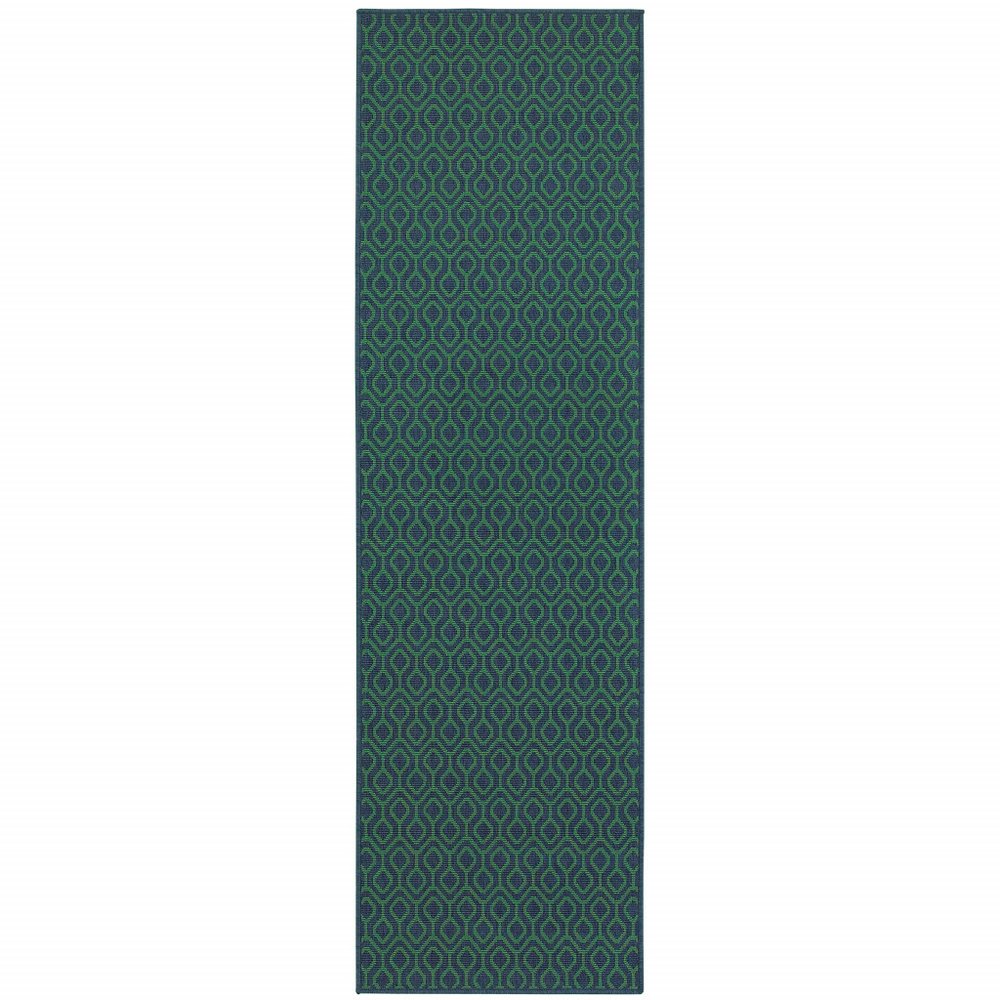 2' X 8' Blue and Green Geometric Stain Resistant Indoor Outdoor Area Rug