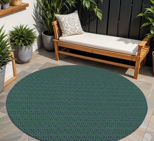 8' X 8' Blue and Green Round Geometric Stain Resistant Indoor Outdoor Area Rug