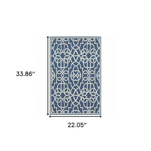 2' X 3' Blue and Ivory Geometric Stain Resistant Indoor Outdoor Area Rug