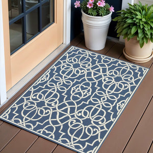 2' X 3' Blue and Ivory Geometric Stain Resistant Indoor Outdoor Area Rug