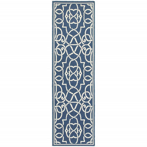 2' X 8' Blue and Ivory Geometric Stain Resistant Indoor Outdoor Area Rug