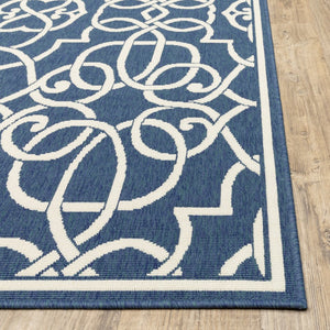 2' X 8' Blue and Ivory Geometric Stain Resistant Indoor Outdoor Area Rug