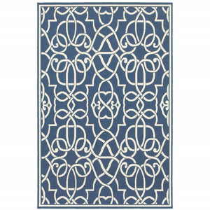 8' X 11' Blue and Ivory Geometric Stain Resistant Indoor Outdoor Area Rug
