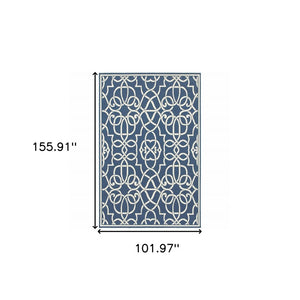 9' X 13' Blue and Ivory Geometric Stain Resistant Indoor Outdoor Area Rug