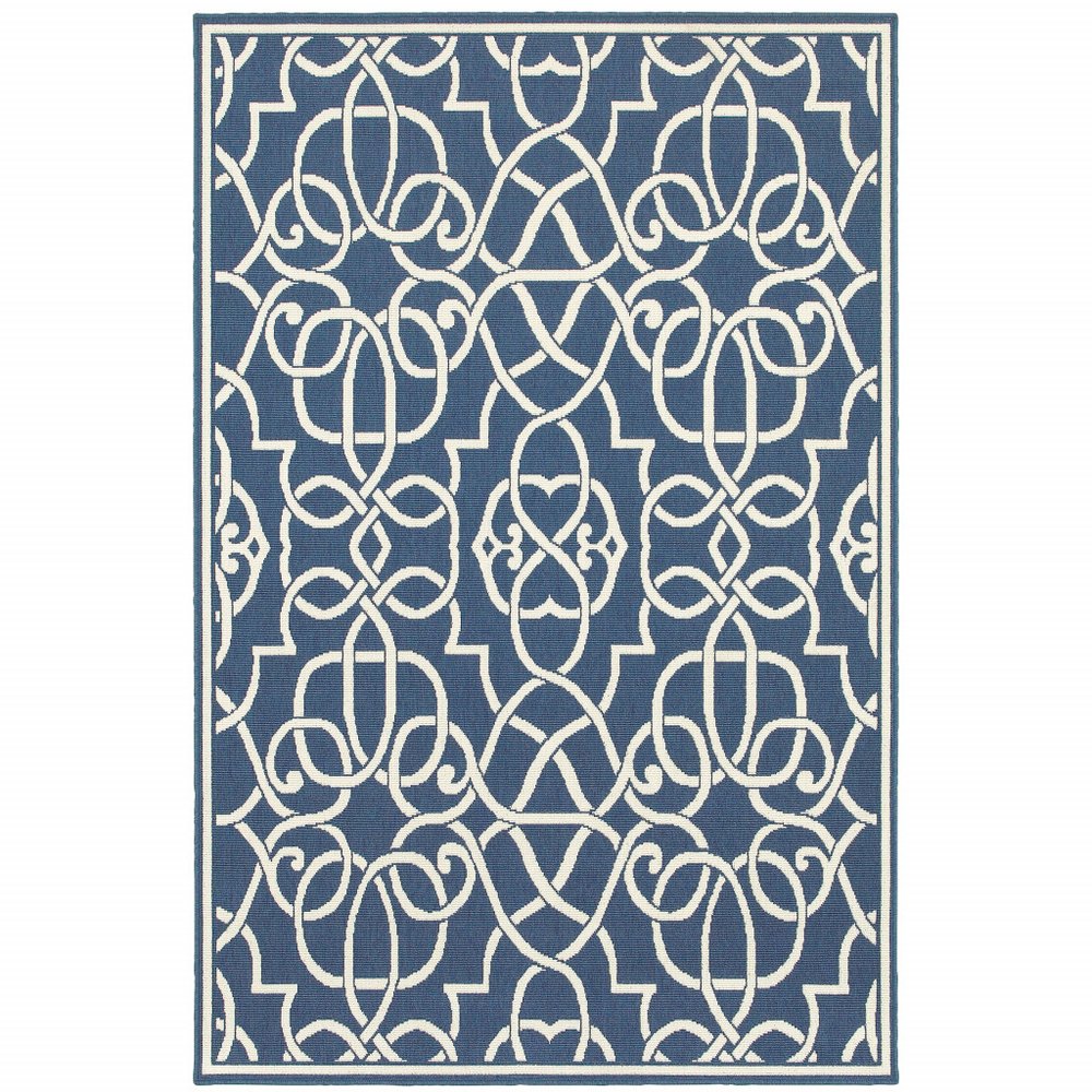 9' X 13' Blue and Ivory Geometric Stain Resistant Indoor Outdoor Area Rug