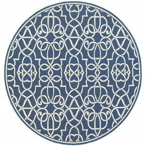 8' X 8' Blue and Ivory Round Geometric Stain Resistant Indoor Outdoor Area Rug