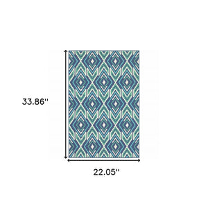 2' X 3' Blue and Ivory Geometric Stain Resistant Indoor Outdoor Area Rug