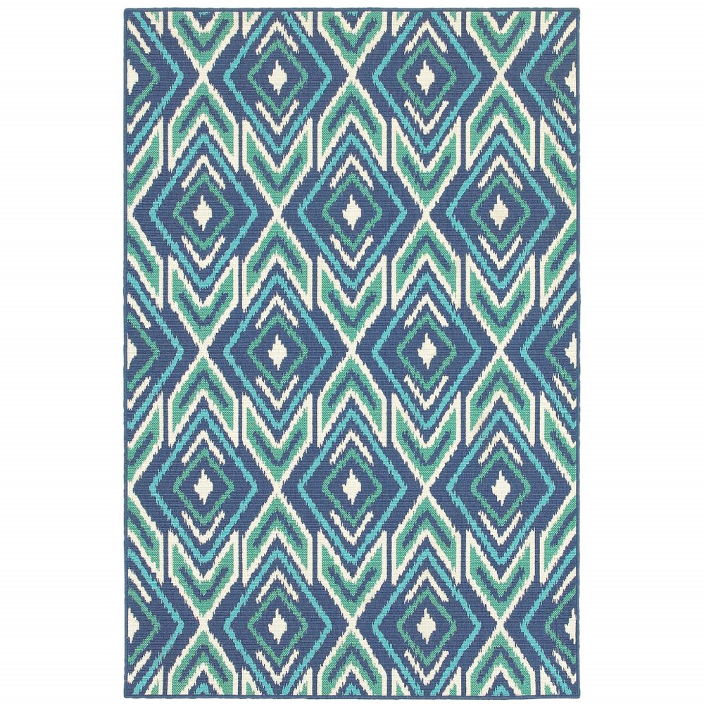 2' X 3' Blue and Ivory Geometric Stain Resistant Indoor Outdoor Area Rug