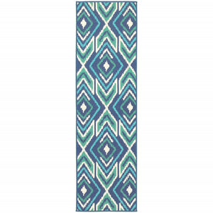 2' X 8' Blue and Ivory Geometric Stain Resistant Indoor Outdoor Area Rug