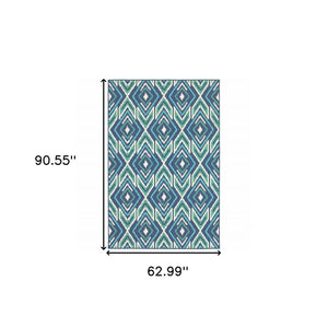 5' X 8' Blue and Ivory Geometric Stain Resistant Indoor Outdoor Area Rug