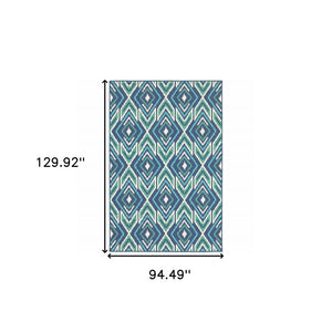 8' X 11' Blue and Ivory Geometric Stain Resistant Indoor Outdoor Area Rug