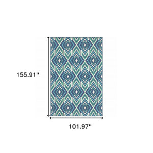 9' X 13' Blue and Ivory Geometric Stain Resistant Indoor Outdoor Area Rug