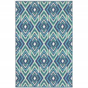 9' X 13' Blue and Ivory Geometric Stain Resistant Indoor Outdoor Area Rug