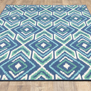 9' X 13' Blue and Ivory Geometric Stain Resistant Indoor Outdoor Area Rug