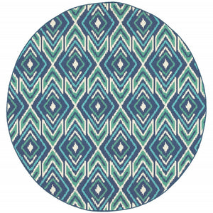 8' X 8' Blue and Ivory Round Geometric Stain Resistant Indoor Outdoor Area Rug