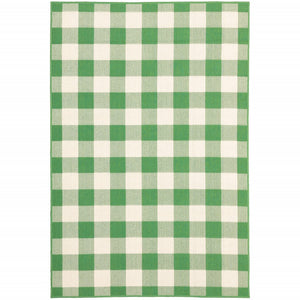 7' X 10' Green and Ivory Geometric Stain Resistant Indoor Outdoor Area Rug