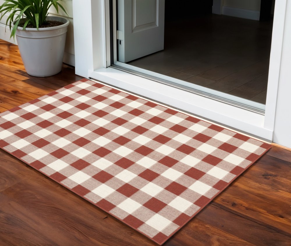 2' X 3' Red and Ivory Geometric Stain Resistant Indoor Outdoor Area Rug