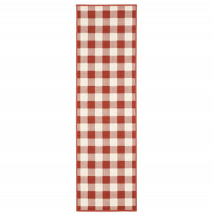 2' X 8' Red and Ivory Geometric Stain Resistant Indoor Outdoor Area Rug