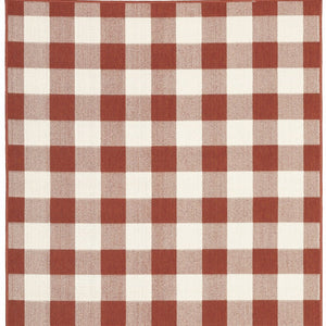 7' X 10' Red and Ivory Geometric Stain Resistant Indoor Outdoor Area Rug