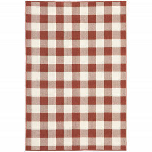 9' X 13' Red And Ivory Geometric Indoor Outdoor Area Rug
