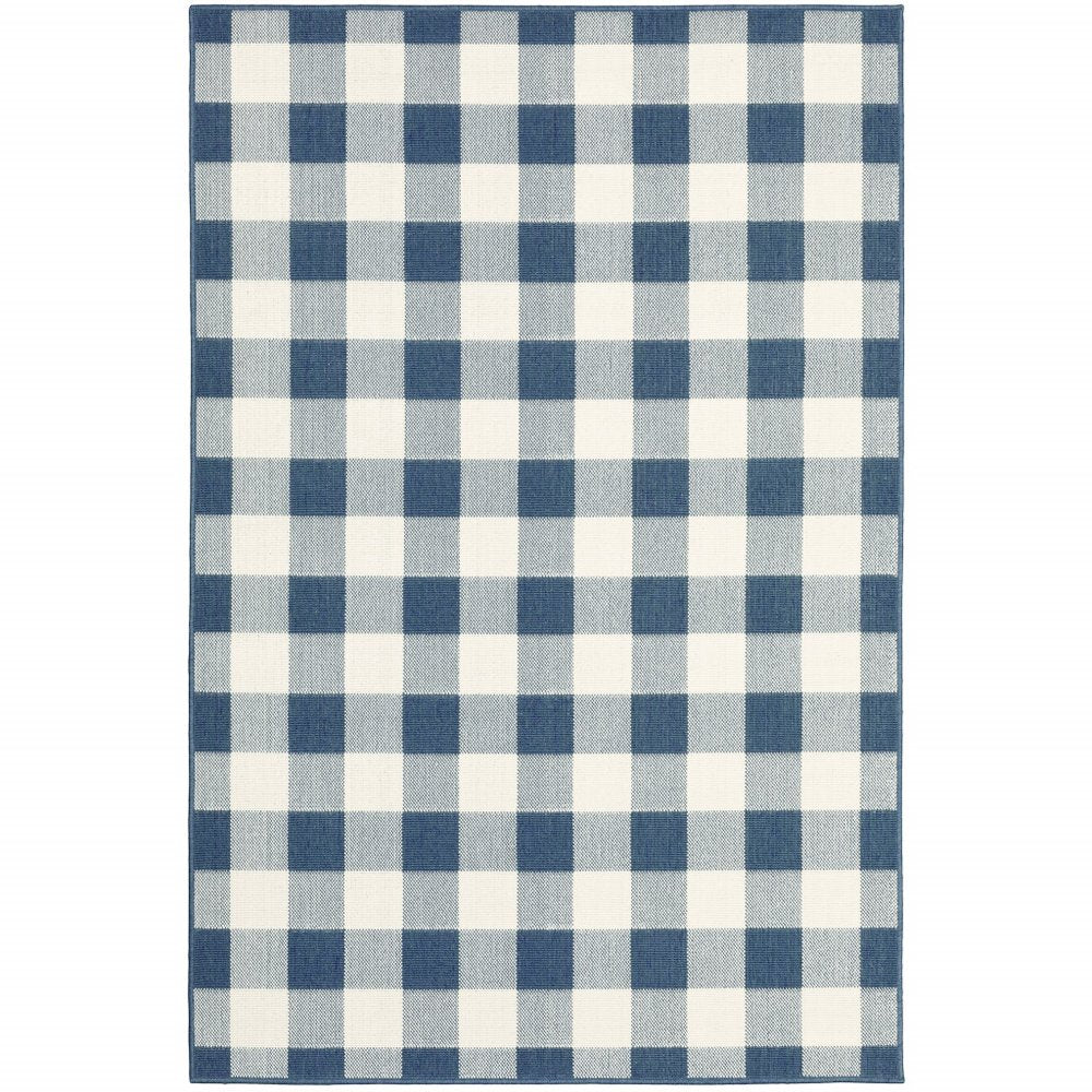 7' X 10' Blue and Ivory Geometric Stain Resistant Indoor Outdoor Area Rug