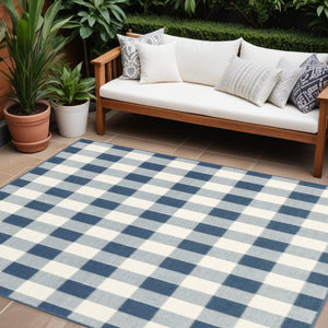 8' X 11' Blue and Ivory Geometric Stain Resistant Indoor Outdoor Area Rug