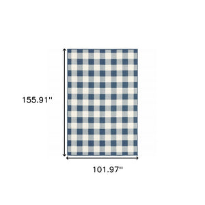9' X 13' Blue and Ivory Geometric Stain Resistant Indoor Outdoor Area Rug