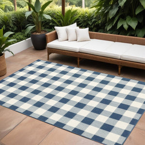 9' X 13' Blue and Ivory Geometric Stain Resistant Indoor Outdoor Area Rug
