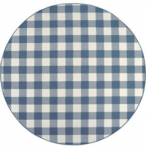 8' X 8' Blue and Ivory Round Geometric Stain Resistant Indoor Outdoor Area Rug