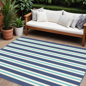 7' X 10' Blue and Ivory Geometric Stain Resistant Indoor Outdoor Area Rug