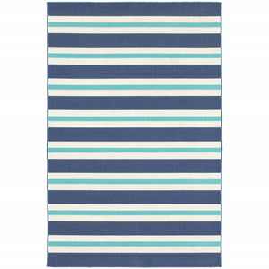 7' X 10' Blue and Ivory Geometric Stain Resistant Indoor Outdoor Area Rug