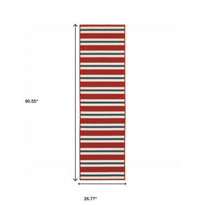 2' X 8' Red and Ivory Geometric Stain Resistant Indoor Outdoor Area Rug