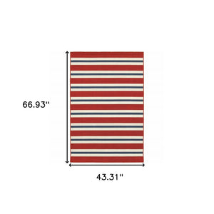 4' X 6' Red and Ivory Geometric Stain Resistant Indoor Outdoor Area Rug