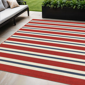 5' X 8' Red and Ivory Geometric Stain Resistant Indoor Outdoor Area Rug