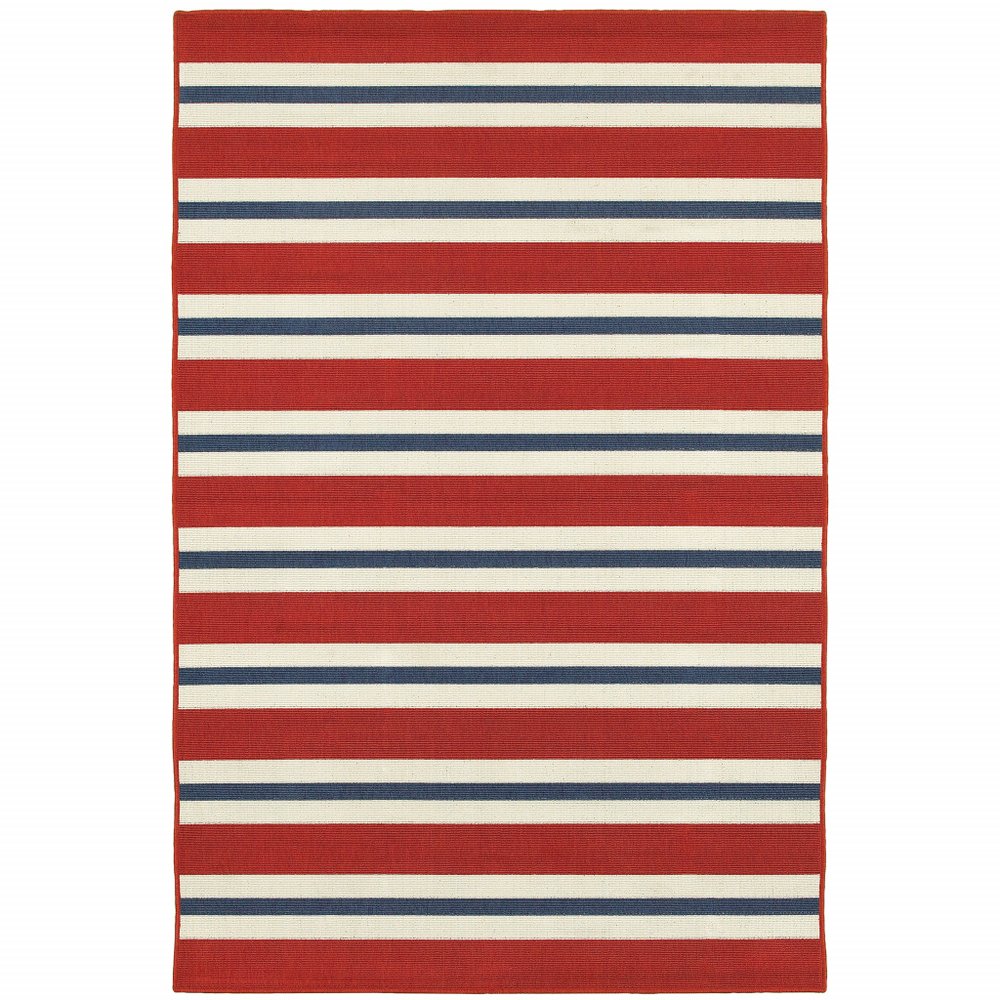 7' X 10' Red and Ivory Geometric Stain Resistant Indoor Outdoor Area Rug